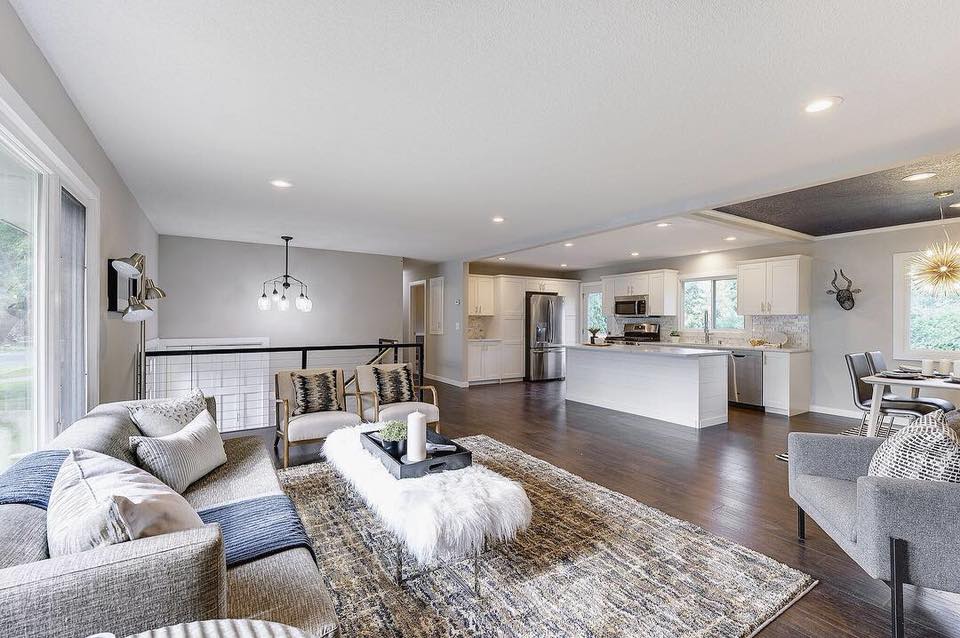 Completed Edina interior renovation showing an open living room and kitchen
