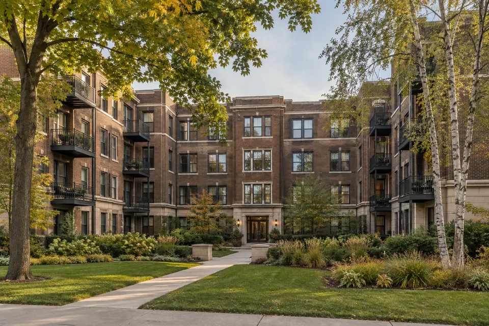 Illustrative brick apartment community with a landscaped courtyard
