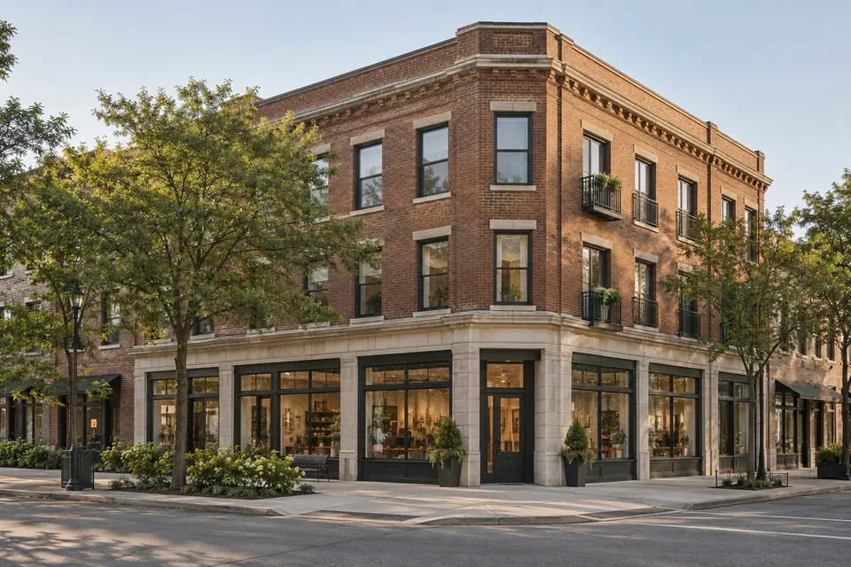 Illustrative brick mixed-use building with street-level commercial space
