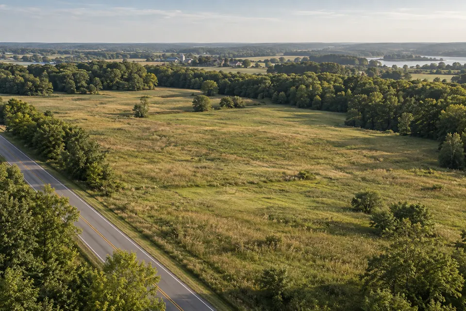 Illustrative open development land beside a road and tree line