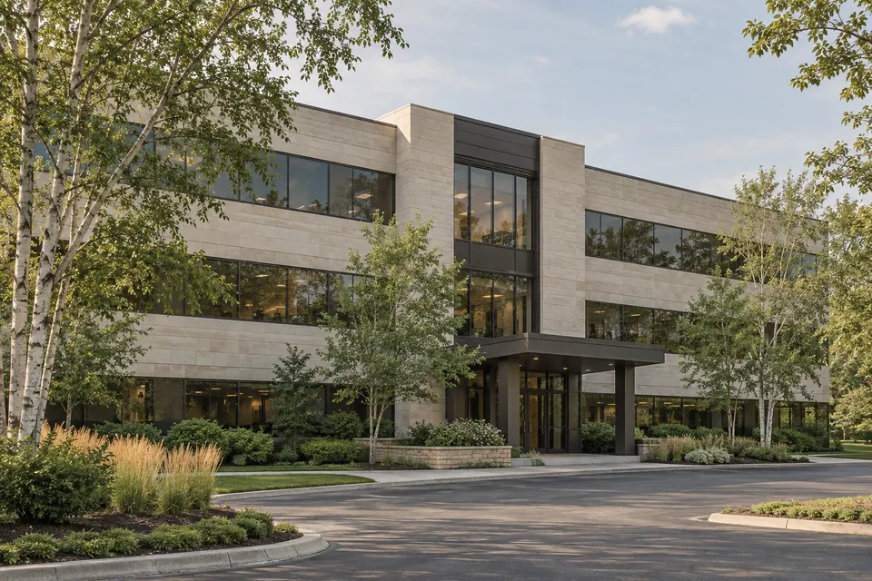 Illustrative low-rise office building with landscaped grounds