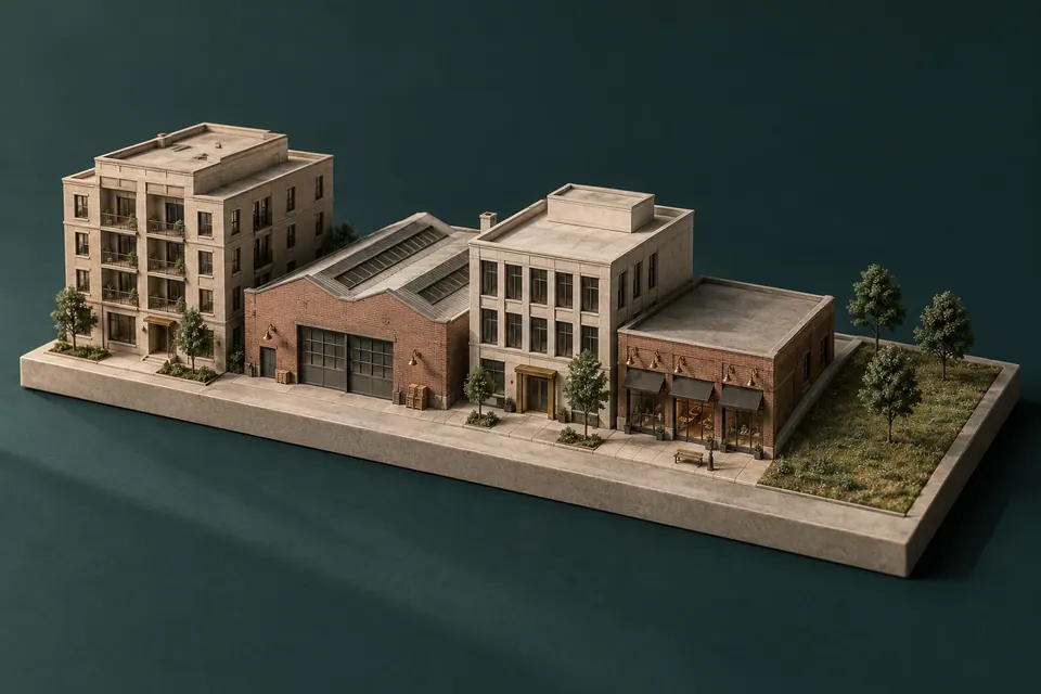 Architectural scale-model illustration of apartment, industrial, office, retail, and land assets